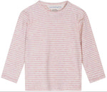 Introducing the Serendipity Baby Rib Stripe Tee: a long-sleeve, organic cotton baby T-shirt with light pink and white horizontal stripes, a round neckline, and practical snap buttons on the left shoulder. GOTS certified for your peace of mind.