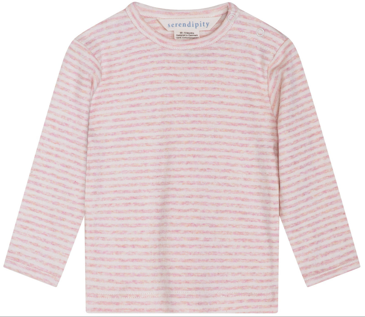 Introducing the Serendipity Baby Rib Stripe Tee: a long-sleeve, organic cotton baby T-shirt with light pink and white horizontal stripes, a round neckline, and practical snap buttons on the left shoulder. GOTS certified for your peace of mind.