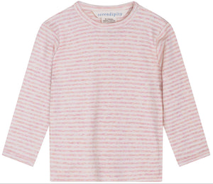 Introducing the Serendipity Baby Rib Stripe Tee: a long-sleeve, organic cotton baby T-shirt with light pink and white horizontal stripes, a round neckline, and practical snap buttons on the left shoulder. GOTS certified for your peace of mind.