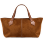 The Proenza Schouler East West Chelsea Tote, featuring brown suede, tan leather handles, and a structured silhouette, is shown against a plain white background.