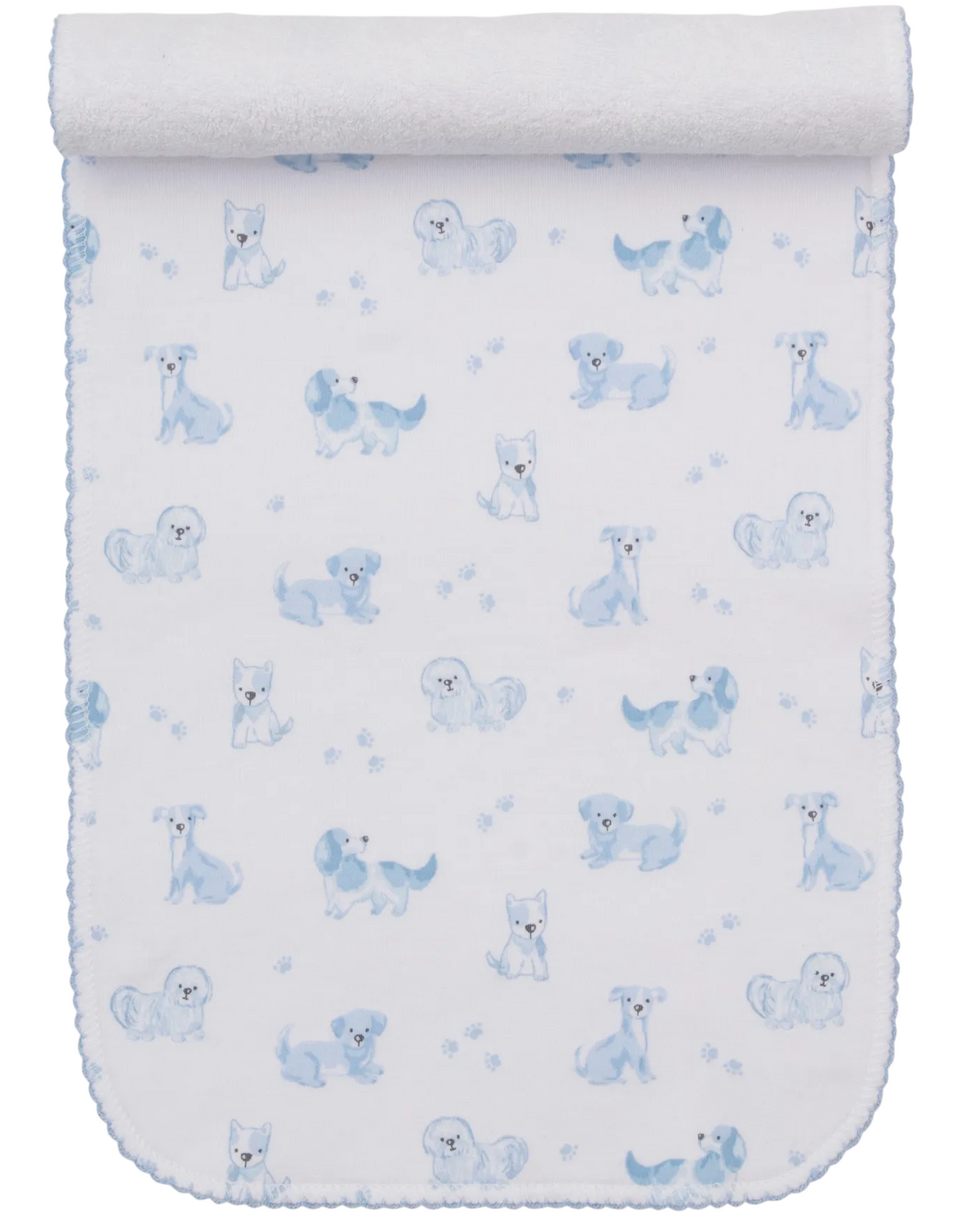 The Puppy Paws Printed Burp Cloth by Kissy Kissy features a charming pattern of illustrated puppies in various poses, small blue flowers, and adorable puppy paw prints. Crafted from soft Pima cotton, this white and blue burp cloth is finished with a rolled top edge.