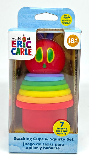 Kids Preferred Stacking Cups & Squirty Set for ages 18 months+, includes 7 colorful silicone cups inspired by The Very Hungry Caterpillar for interactive play.