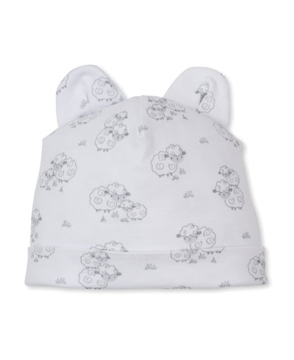 The Kissy Kissy Sweet Sheep Hat is crafted from premium Pima cotton, featuring two adorable ear shapes on top and a delightful all-over cartoon sheep print.