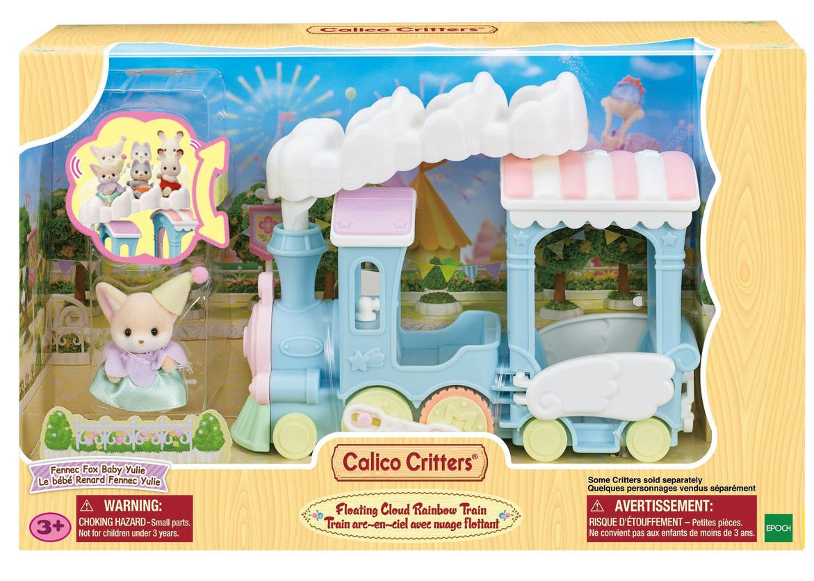 The Calico Critters Floating Cloud Rainbow Train playset features a pastel blue and white train, a critter figurine, and accessory pieces—perfect for creating your own magical Amusement Park adventure. Recommended for ages 3 and up.