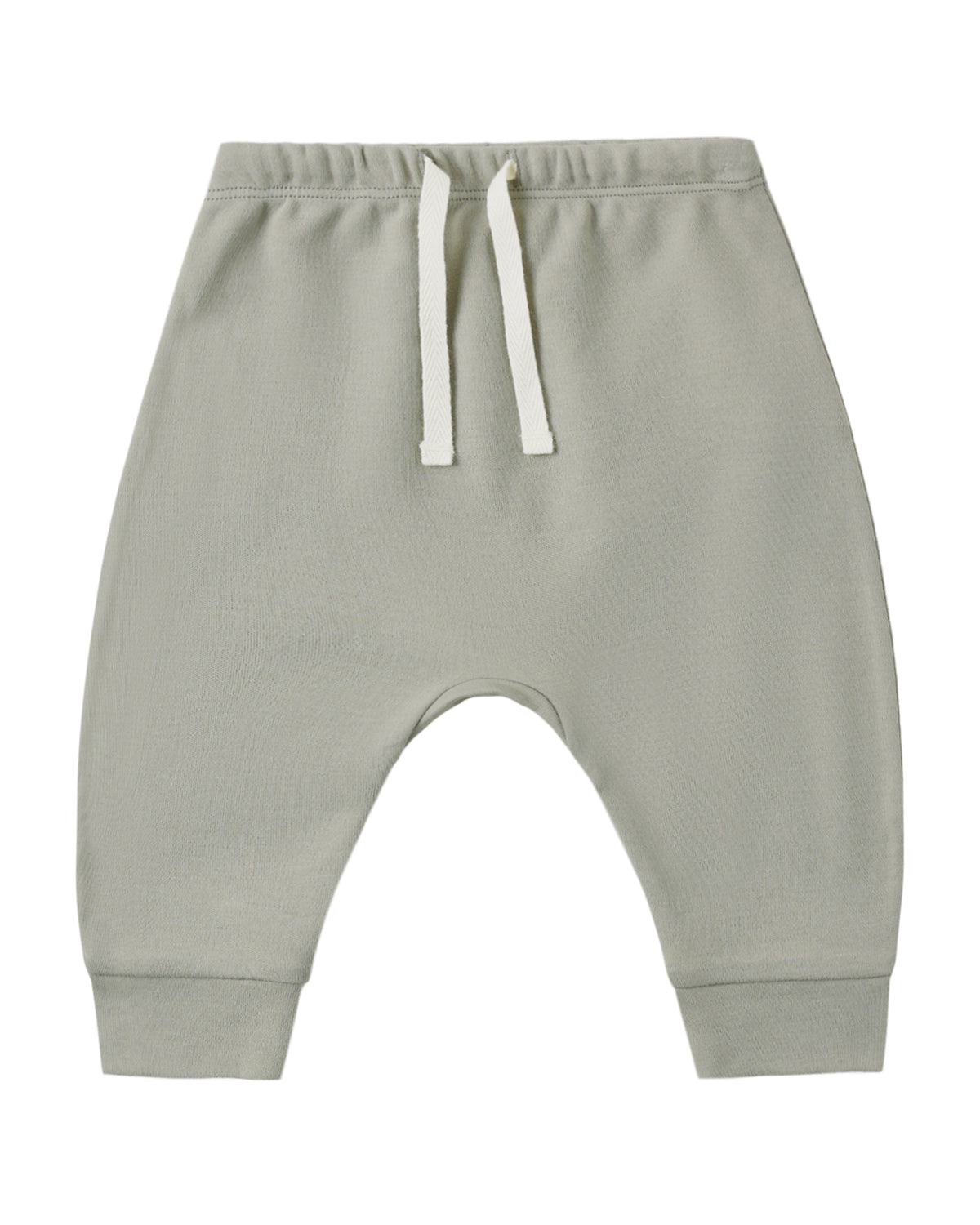 The Quincy Mae Baby and Kids’ Drawstring Pant in light grey is crafted from soft organic brushed jersey, featuring an elastic waistband, white drawstring, and ribbed cuffs, displayed on a white background.