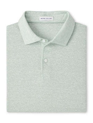 The Peter Millar Sanibel Polo is a light green linen-cotton shirt featuring a collar, two buttons, and an inside neck label—crafted from lightweight slub fabric for a casual essential look.