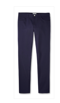 The Performance Five-Pocket Pant by Peter Millar in navy features a straight-leg silhouette with front and back pockets, crafted from stretch performance twill, and is shown laid flat against a white background.