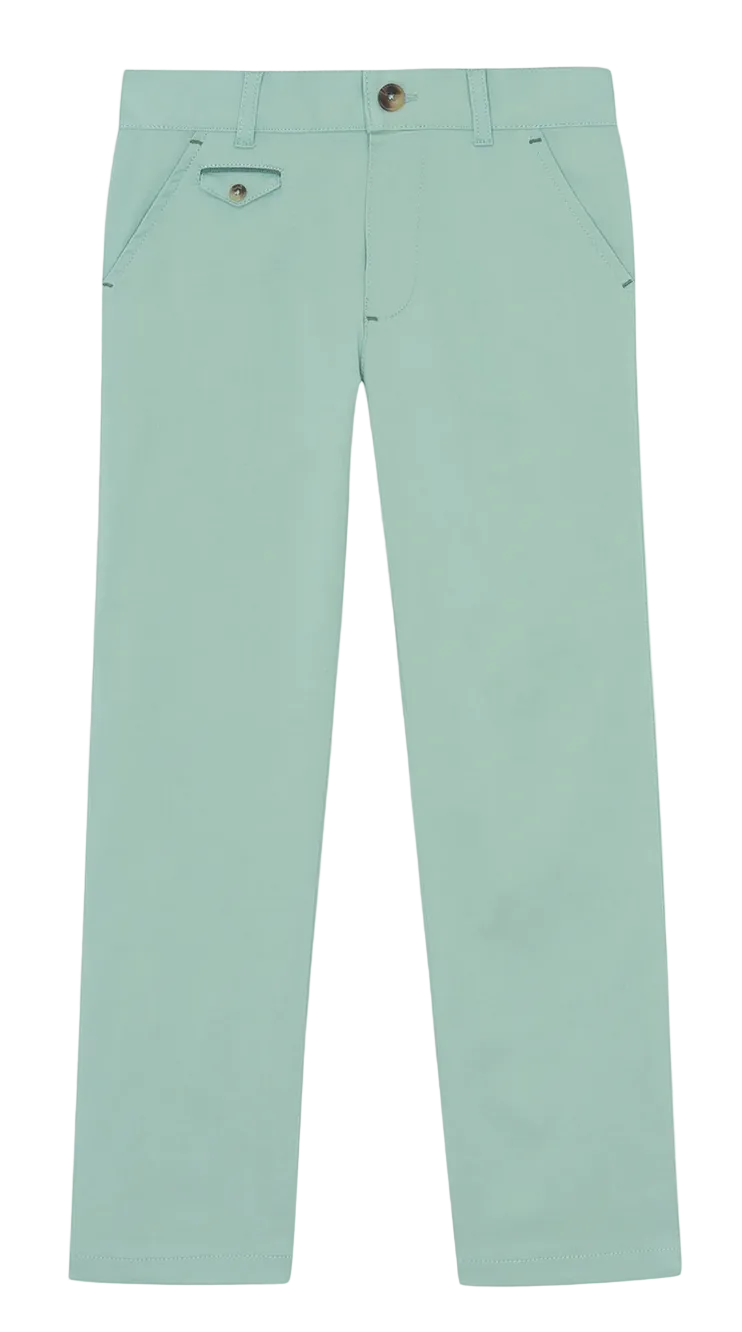 Tartine et Chocolat Boys’ Cotton Trousers in light teal feature a straight-leg fit, side pockets, belt loops, button closure, and a button-flap pocket on the left—an effortless seaside essential in calming coastal hues.