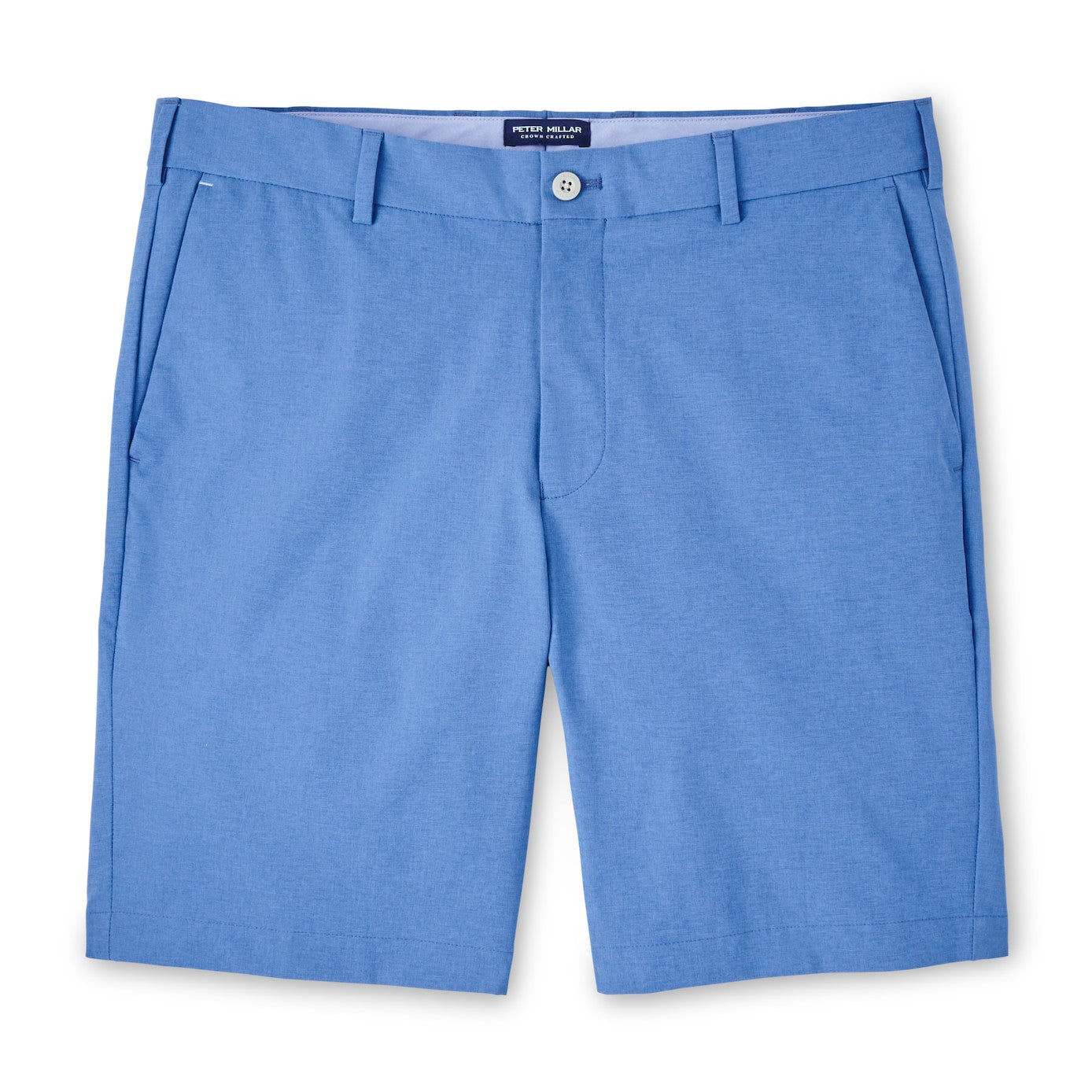 The Peter Millar Surge Performance Short in light blue features belt loops, a front button, zip fly, side pockets, and four-way stretch for comfort. Perfect men's performance apparel, shown laid flat on a white background.