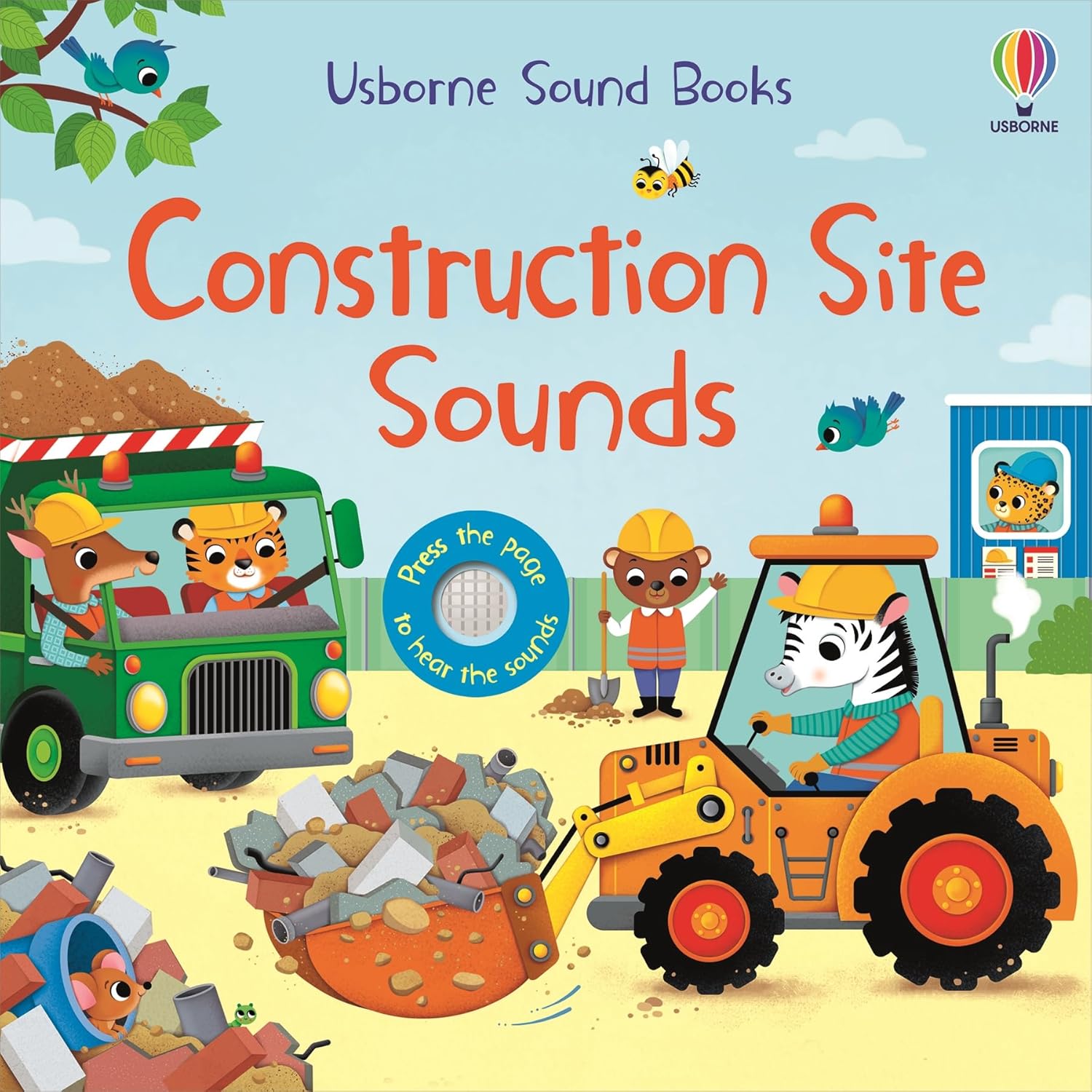The illustrated cover of Harper Collins’ "Construction Site Sounds" children's sound book shows animal builders in safety gear operating vehicles at a busy construction site.