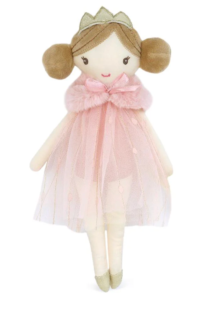 Tinsley Princess Pocket Doll by Mon Ami features brown hair in two buns, classic styling with a gold crown, a pink tulle dress, pink fur collar, and gold shoes—perfect for imaginative play against a white background.