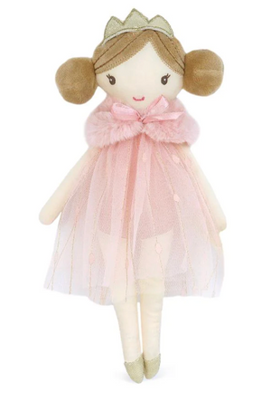 Tinsley Princess Pocket Doll by Mon Ami features brown hair in two buns, classic styling with a gold crown, a pink tulle dress, pink fur collar, and gold shoes—perfect for imaginative play against a white background.