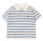 The Boy’s Spotty Short Sleeve Polo from Konges Slojd features a relaxed fit and classic polo collar, with blue, yellow, and white horizontal stripes and a small green emblem on the left chest—perfect for all-day comfort.