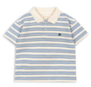 The Boy’s Spotty Short Sleeve Polo from Konges Slojd features a relaxed fit and classic polo collar, with blue, yellow, and white horizontal stripes and a small green emblem on the left chest—perfect for all-day comfort.