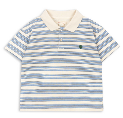 The Boy’s Spotty Short Sleeve Polo from Konges Slojd features a relaxed fit and classic polo collar, with blue, yellow, and white horizontal stripes and a small green emblem on the left chest—perfect for all-day comfort.