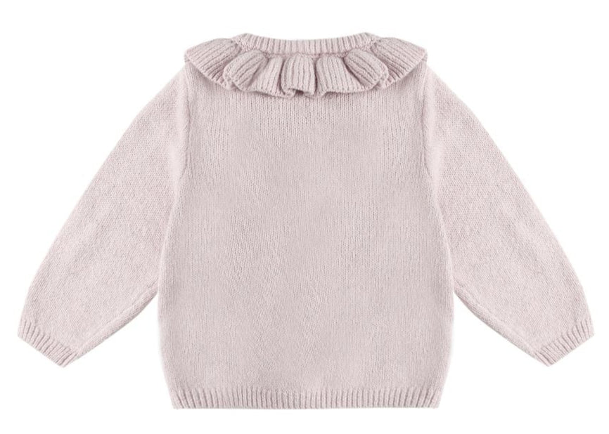 Quincy Mae Baby Girls' and Girls' Ruffle Collar Cardigan in light pink features coconut buttons and a knit design—an ideal choice for cozy fall layering.