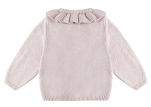 Quincy Mae Baby Girls' and Girls' Ruffle Collar Cardigan in light pink features coconut buttons and a knit design—an ideal choice for cozy fall layering.