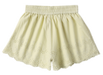 The Girls' Remi Short by Rylee & Cru features a light yellow hue, elastic waist, scalloped hem, and floral eyelet embroidery—perfect summer shorts for sunny days.