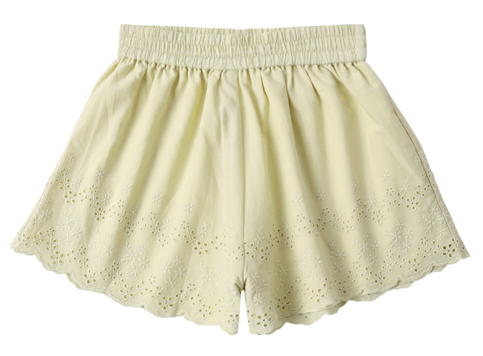 The Girls' Remi Short by Rylee & Cru features a light yellow hue, elastic waist, scalloped hem, and floral eyelet embroidery—perfect summer shorts for sunny days.