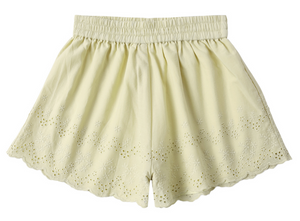 The Girls' Remi Short by Rylee & Cru features a light yellow hue, elastic waist, scalloped hem, and floral eyelet embroidery—perfect summer shorts for sunny days.