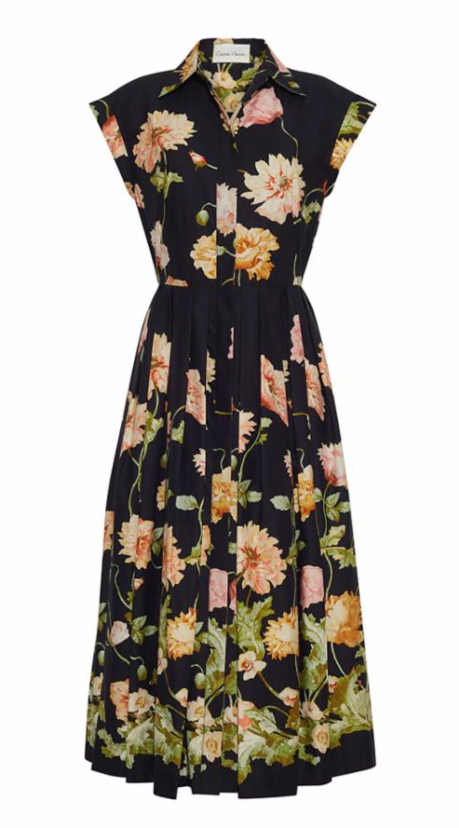 The Octavia Dress by Cara Cara is a sleeveless, collared, belted shirtdress with a button-down front and box pleat skirt, featuring a black base with bold peach, pink, and green floral print.