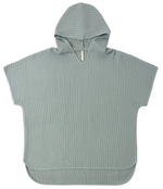 Kids' Beach Poncho by Rylee & Cru in light blue and sea green, featuring short sleeves, a V-neck, and rounded hem, shown flat on a white background.