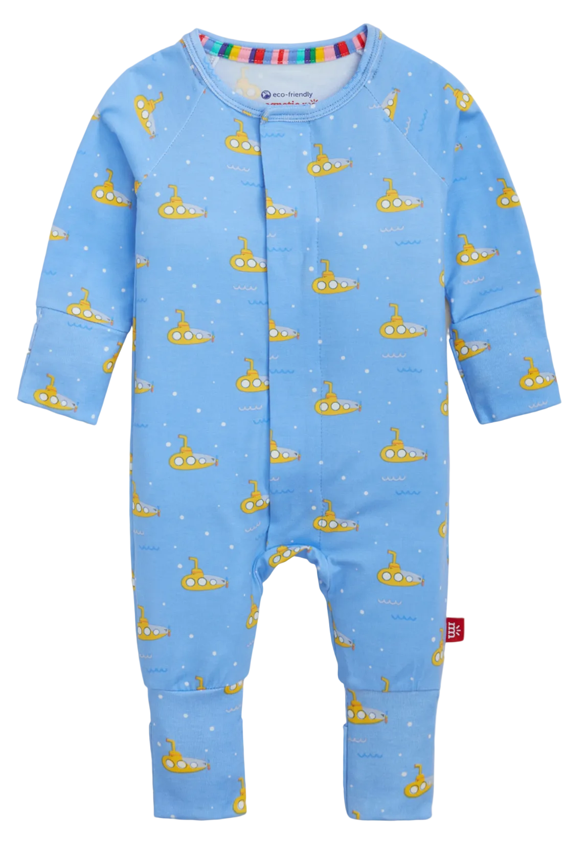 The Baby Boys’ Dip Ship Coverall by Magnetic Me is a blue long-sleeve onesie, crafted from sustainable modal fabric and decorated with a repeating pattern of yellow submarines and white dots, displayed on a white background.