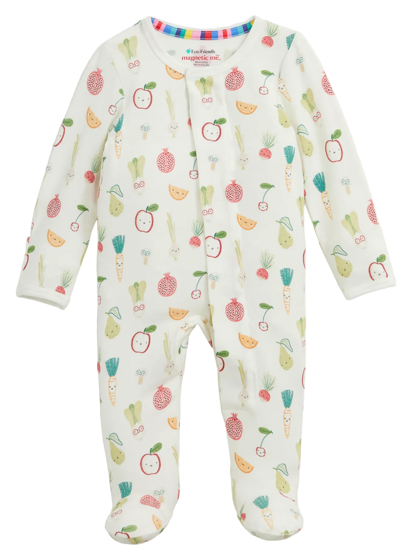 The Baby Kale Yeah Footie by Magnetic Me is a white sleeper adorned with colorful fruit and vegetable prints, made from sustainable modal for exceptional softness. It features long sleeves, closed feet, and easy magnetic closures down the front.