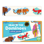 Box of “Head to Toe Animal Parade Dominoes” by Eeboo, featuring illustrated animal domino tiles shown above—including bear, tiger, fox, and giraffe—perfect as a children's dominoes set and ideal for on-the-go fun as a travel game.