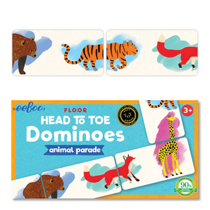 Box of “Head to Toe Animal Parade Dominoes” by Eeboo, featuring illustrated animal domino tiles shown above—including bear, tiger, fox, and giraffe—perfect as a children's dominoes set and ideal for on-the-go fun as a travel game.