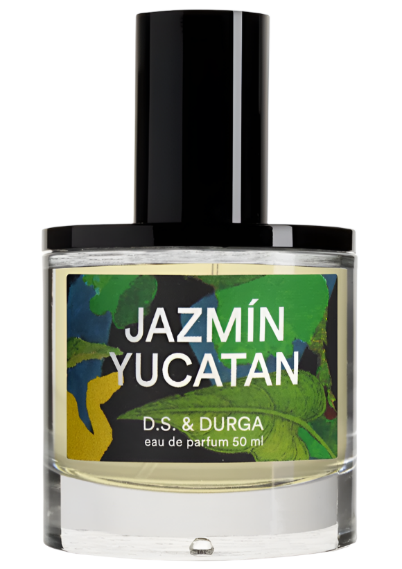 A 50 ml bottle of D.S. & DURGA Jazmin Yucatan eau de parfum, featuring a vibrant floral label and a black cap, encapsulates the essence of jazmín yucateco amid the allure of limestone ruins.