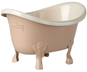 The Maileg Rose Bathtub - Mouse is a small, vintage-inspired beige and white tub with a raised backrest, featuring four ornate legs—perfect for a cozy mouse family abode or Mouse Hole Farmhouse—shown isolated on a white background.