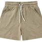 The Boys’ Oceanside Tech Short by Rylee & Cru, featuring a light brown elastic waistband, side pockets, drawstring closure, and a relaxed fit, is laid flat on a white background.