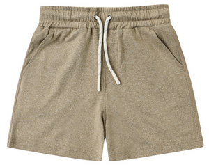 The Boys’ Oceanside Tech Short by Rylee & Cru, featuring a light brown elastic waistband, side pockets, drawstring closure, and a relaxed fit, is laid flat on a white background.