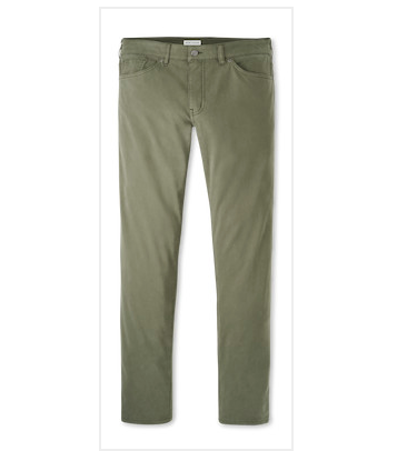 The Peter Millar Signature Sateen Five-Pocket Pant in olive green offers a slim fit, superior stretch, and classic five-pocket styling with front and back pockets, shown against a white background.