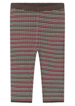 Serendipity Baby Rib Knit Pants in brown, green, pink, and white stripes are GOTS certified and made from organic cotton. These baby leggings feature an elastic waistband and are shown laid flat on a white background.