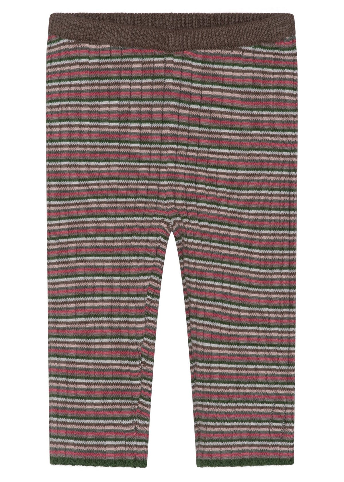 Serendipity Baby Rib Knit Pants in brown, green, pink, and white stripes are GOTS certified and made from organic cotton. These baby leggings feature an elastic waistband and are shown laid flat on a white background.