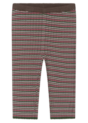 Serendipity Baby Rib Knit Pants in brown, green, pink, and white stripes are GOTS certified and made from organic cotton. These baby leggings feature an elastic waistband and are shown laid flat on a white background.