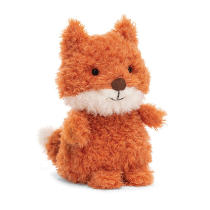 A small Jellycat Little Fox plush toy featuring orange fur, a white face, chest, and tail tip, black button eyes, and a stitched brown nose.