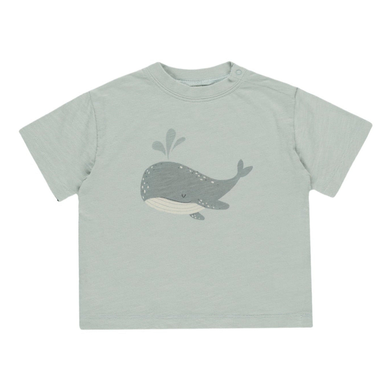 The Rylee & Cru Baby Boys' & Boys' Relaxed Tee is a light gray short-sleeve cotton jersey, featuring a smiling whale with water spout graphic—an everyday comfort basic in baby sizes.