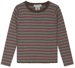 The Serendipity Kids’ Rib Knit Blouse features long sleeves and horizontal stripes in green, brown, pink, and white. It has a round brown neckline and is GOTS certified. The blouse is displayed laid flat against a white background.