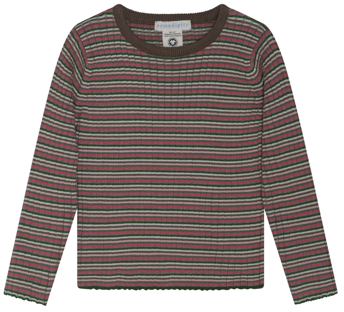 The Serendipity Kids’ Rib Knit Blouse features long sleeves and horizontal stripes in green, brown, pink, and white. It has a round brown neckline and is GOTS certified. The blouse is displayed laid flat against a white background.