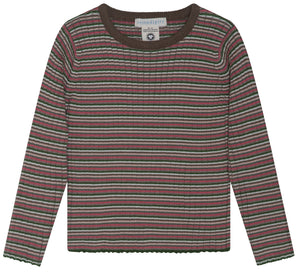 The Serendipity Kids’ Rib Knit Blouse features long sleeves and horizontal stripes in green, brown, pink, and white. It has a round brown neckline and is GOTS certified. The blouse is displayed laid flat against a white background.