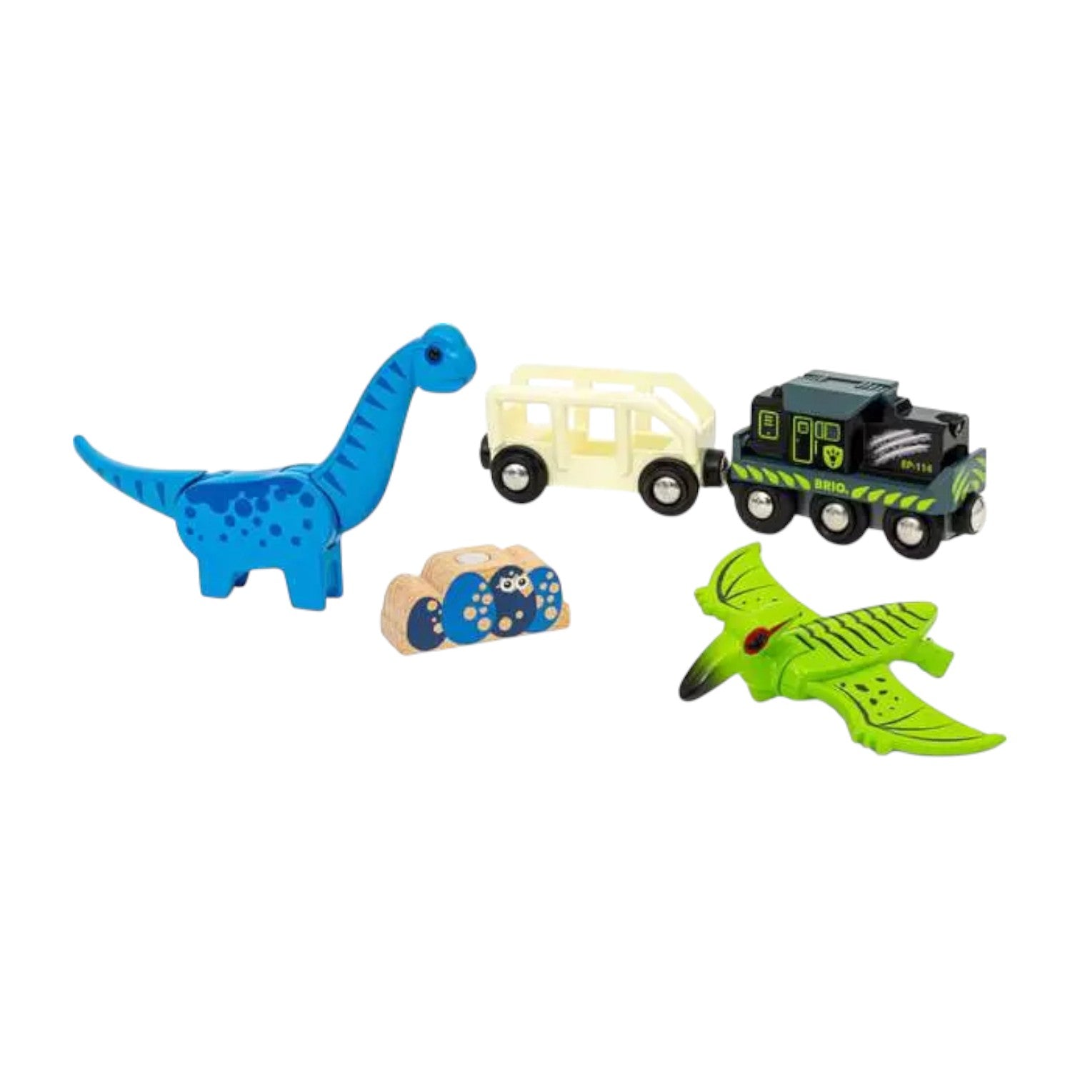 A Brio Dinosaur Battery Train, with blue dinosaur and green pterosaur cars, a white car, a black battery-powered engine, and a stack of small painted wooden rocks are arranged on a white background.
