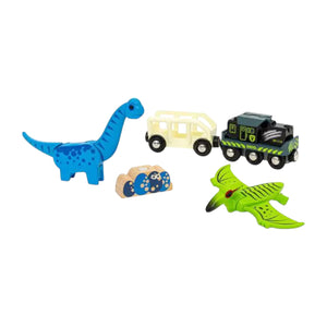 A Brio Dinosaur Battery Train, with blue dinosaur and green pterosaur cars, a white car, a black battery-powered engine, and a stack of small painted wooden rocks are arranged on a white background.