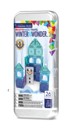 The Magnatiles Winter Wonderland 26-Piece Travel Set offers magnetic building fun with 26 tiles and a snowman design, perfect for ages 3-99.
