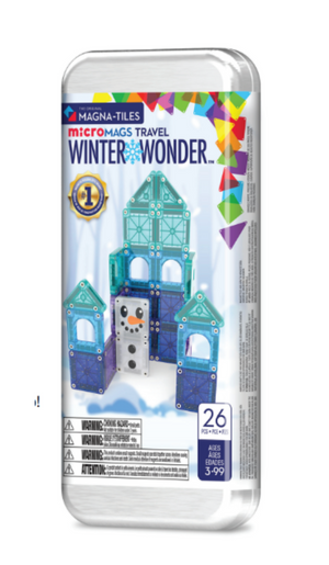 The Magnatiles Winter Wonderland 26-Piece Travel Set offers magnetic building fun with 26 tiles and a snowman design, perfect for ages 3-99.
