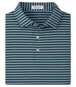 Folded dark green Dunnes Performance Jersey Polo by Peter Millar, featuring white and light blue stripes, a collar, and three-button placket. Label inside reads "Peter Millar." Provides UPF 50+ sun protection.