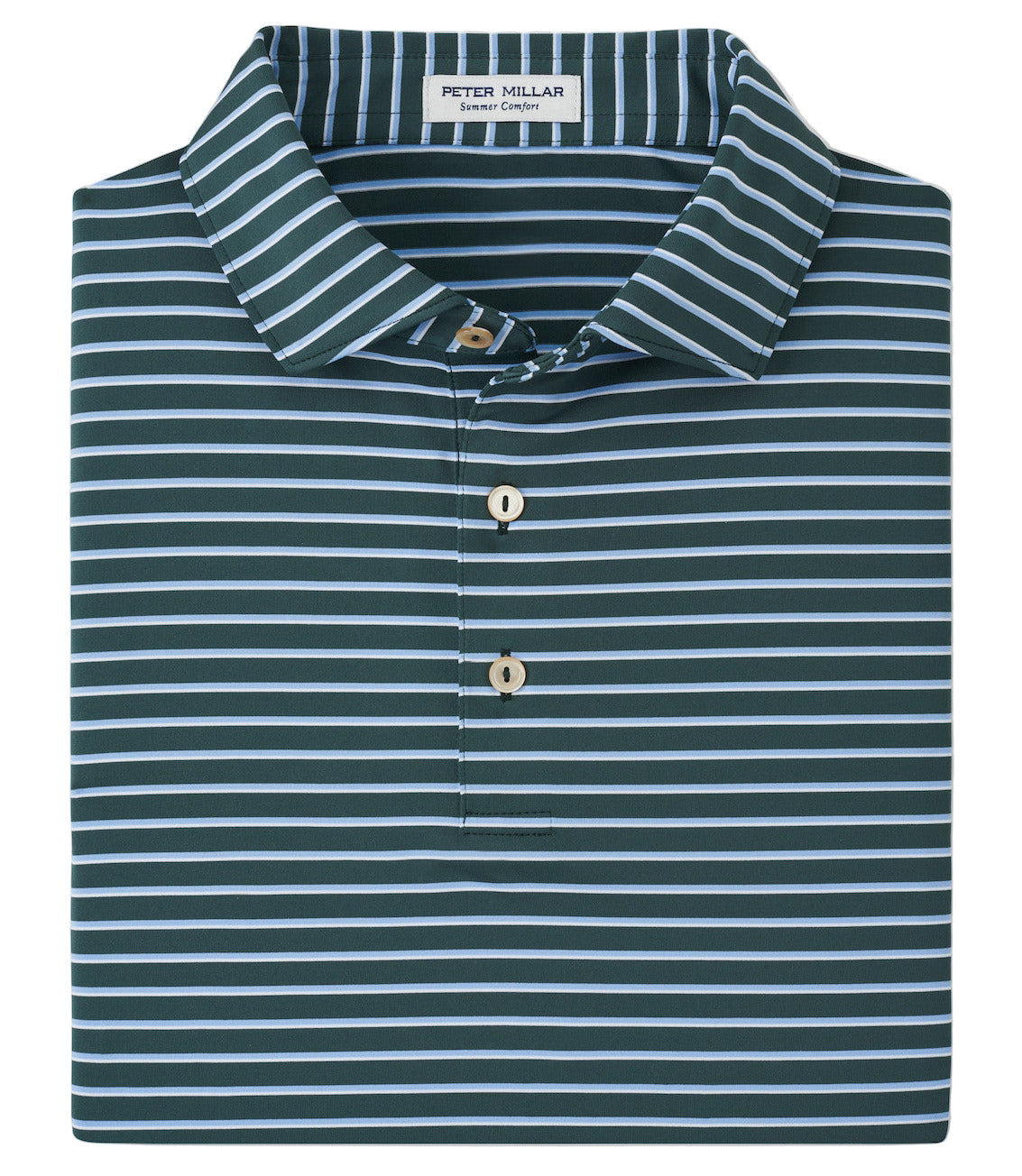 Folded dark green Dunnes Performance Jersey Polo by Peter Millar, featuring white and light blue stripes, a collar, and three-button placket. Label inside reads "Peter Millar." Provides UPF 50+ sun protection.
