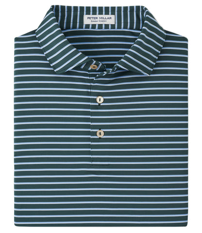 Folded dark green Dunnes Performance Jersey Polo by Peter Millar, featuring white and light blue stripes, a collar, and three-button placket. Label inside reads "Peter Millar." Provides UPF 50+ sun protection.